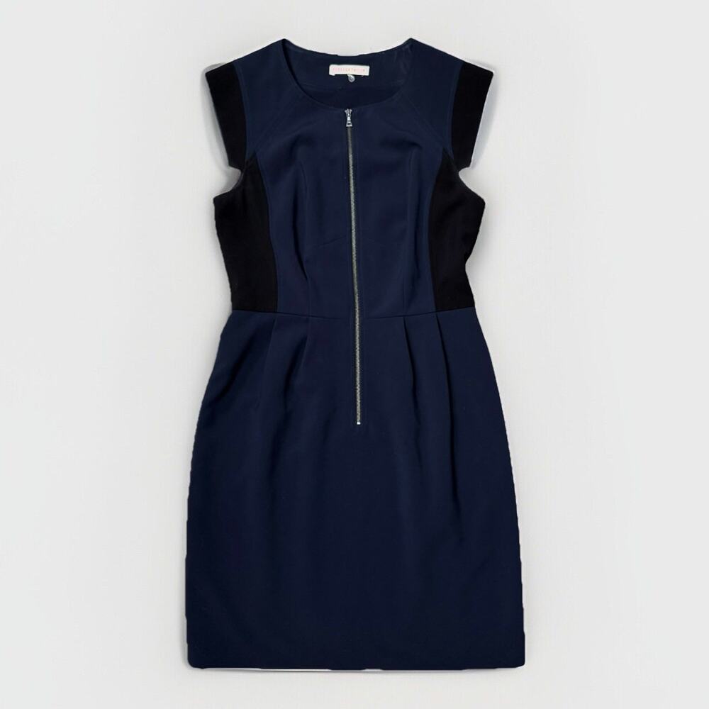 Rebecca Taylor Sheath Dress Size 6 Womens Cap Sleeve Zip Front Navy Blue Black